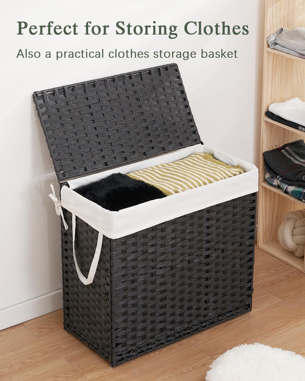 SETVSON Laundry Hamper with Lid Laundry Basket 132 L (35 Gal) Wicker Clothes Hamper, Handwoven Rattan Hamper with Handles and 4 Removable Liner Bags, 6 Mesh Bags for Laundry Bedroom Natural