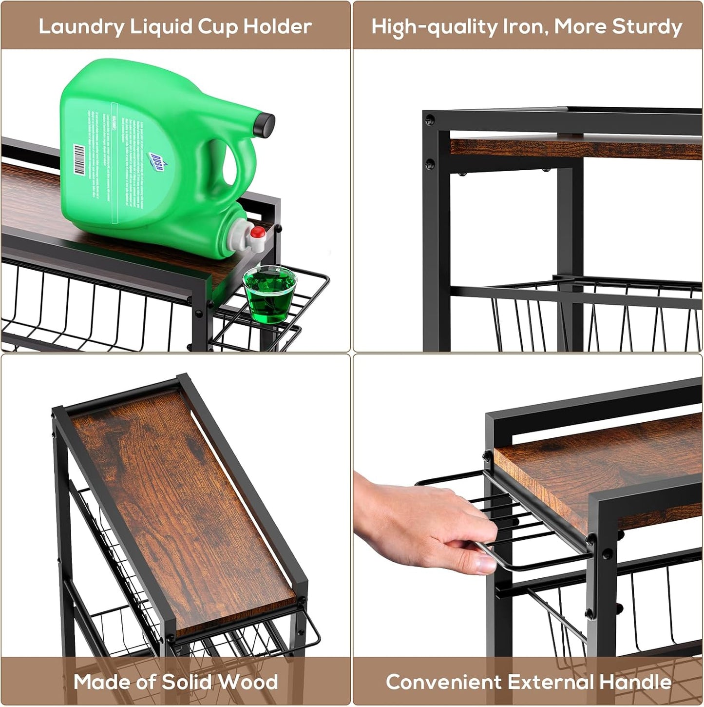 4 Tier Slim Rolling Storage Cart with Pull-Out Baskets, Narrow Sliding Storage Slim Laundry Cart Slim Rolling Kitchen Cart