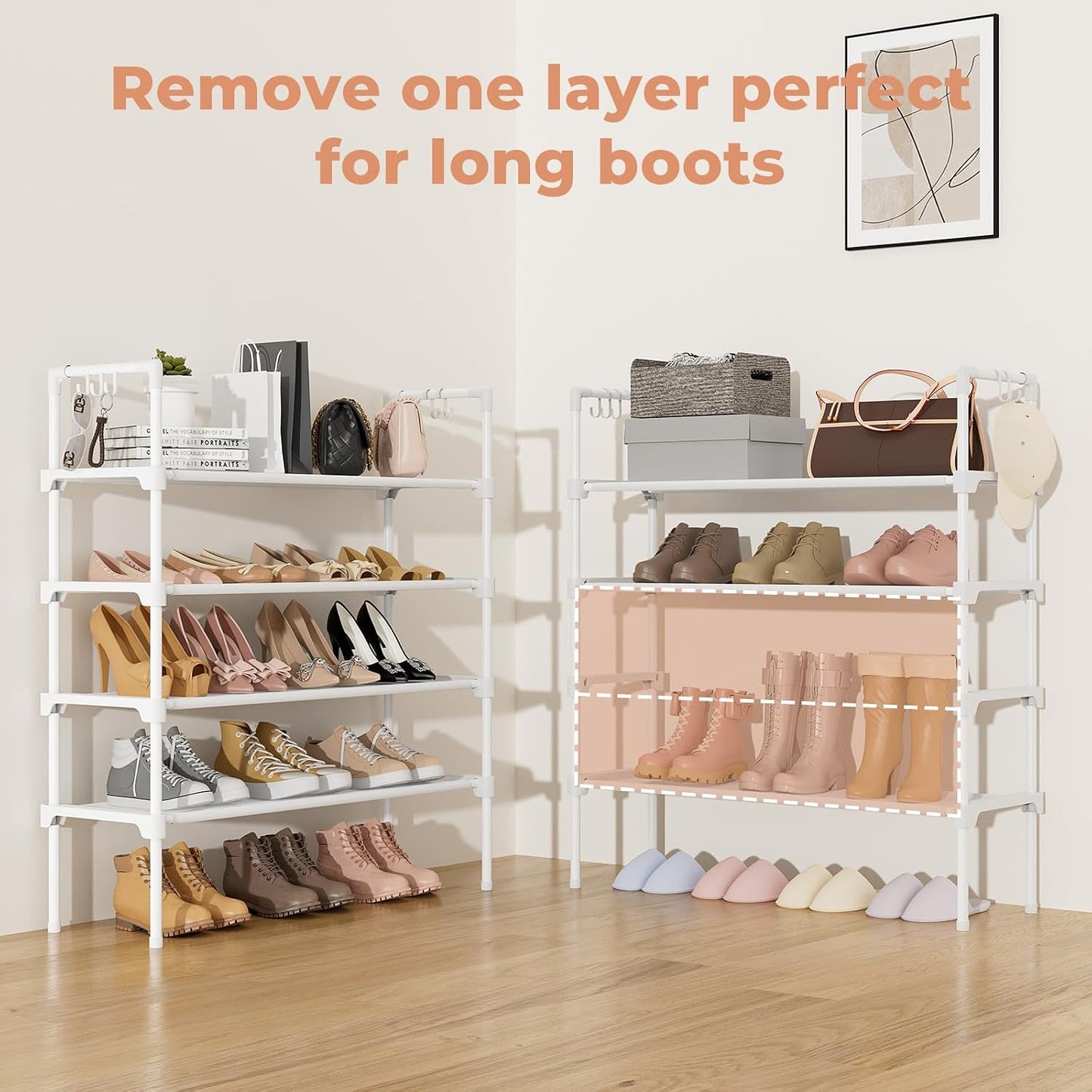 LANTEFUL 3 Tier Shoe Rack for Closet, Shoe Organizer with 5 Hooks, Long Shoe Shelf Storage for Sneaker and Boot Stackable Free Standing Shoe Rack for Entryway, Garage, Small Spaces, Dorm
