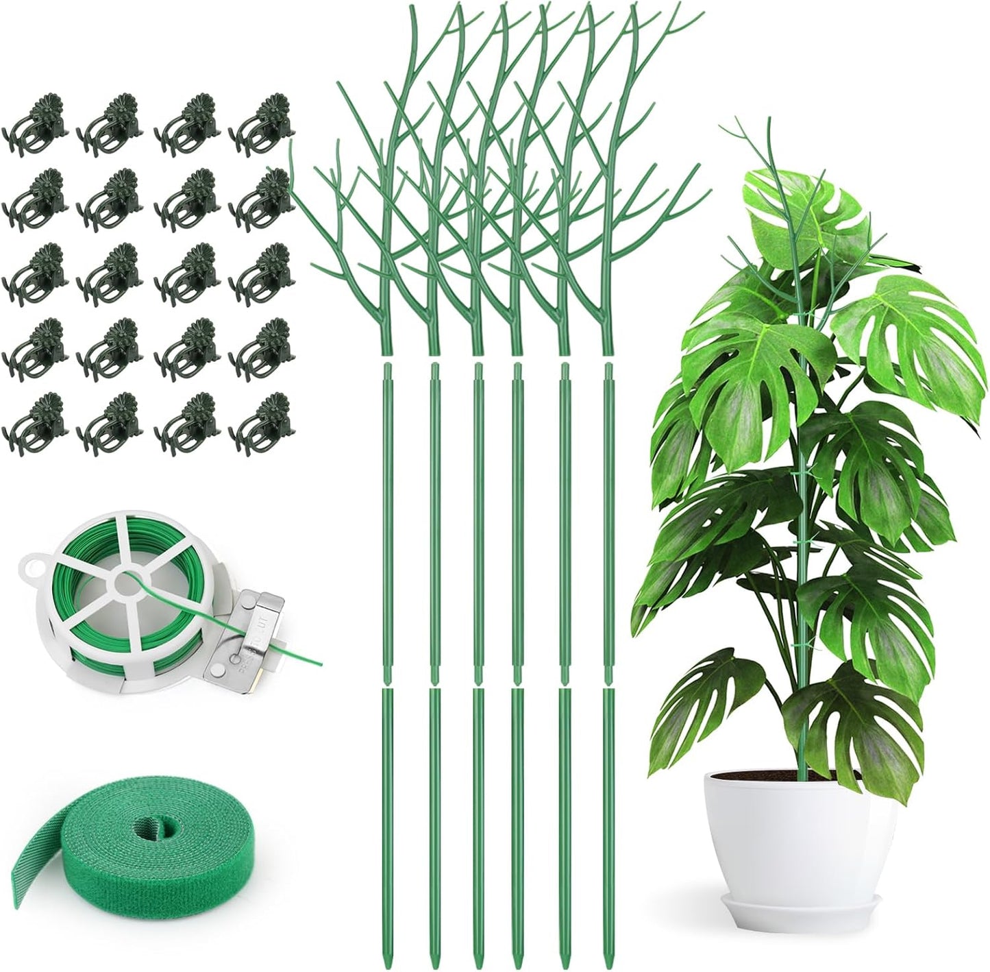6 Pack Plant Support Stakes for Indoor Plants, 39.37 Inch Tall Twig Plant Sticks with Orchid Clips Twist Ties and Plant Ties for House Potted Monstera Plants Support, Green