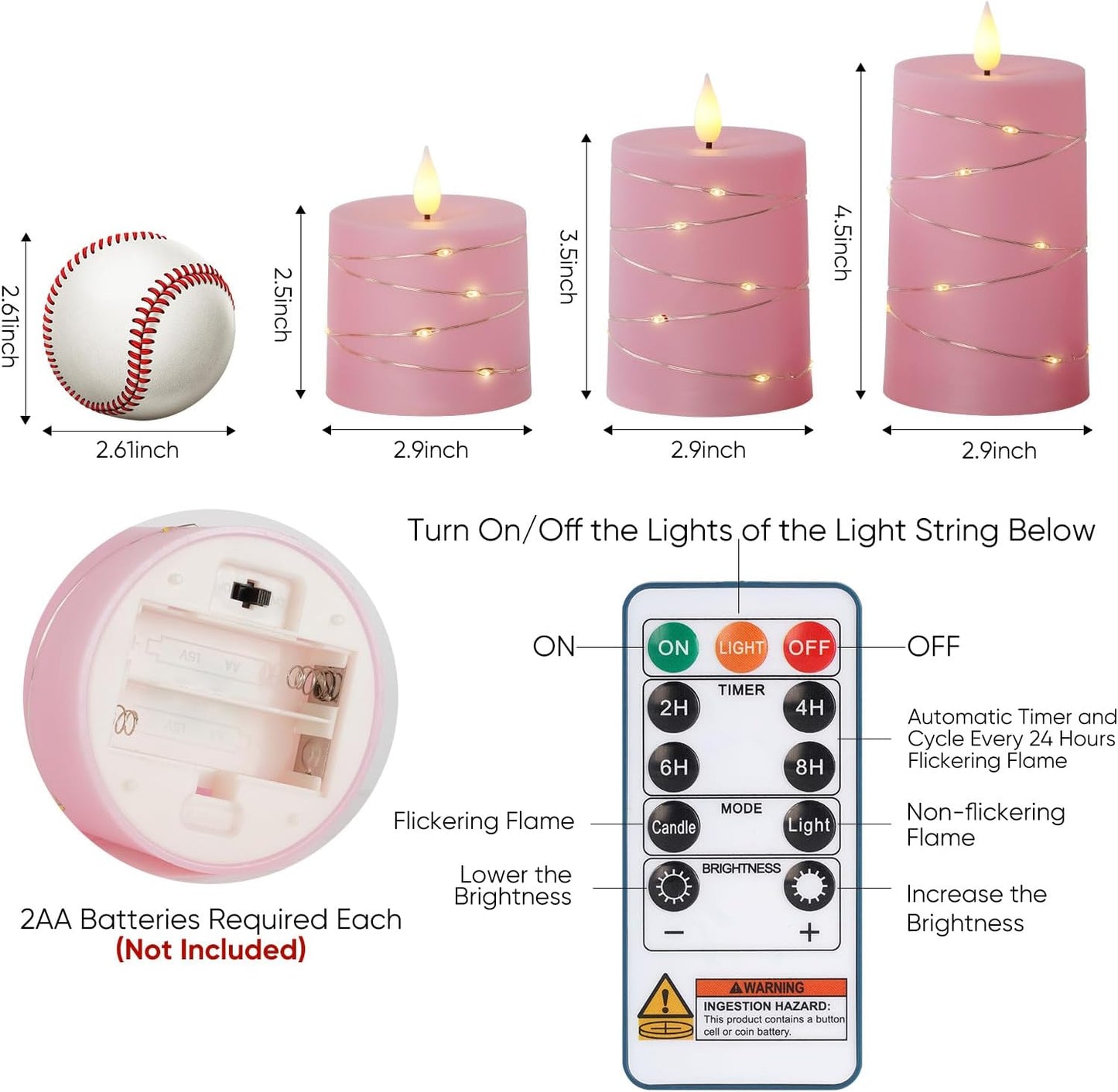 Raycare Flameless Candles with Remote Timer, Flickering Battery Operated LED Pillar Fake Candle with String Lights for Home Decor, Christmas, Wedding and Gift, White, Set of 3