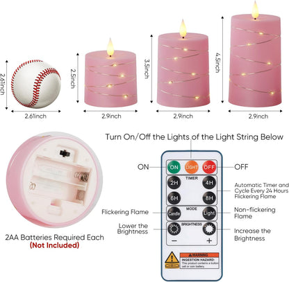 Raycare Flameless Candles with Remote Timer, Flickering Battery Operated LED Pillar Fake Candle with String Lights for Home Decor, Christmas, Wedding and Gift, White, Set of 3