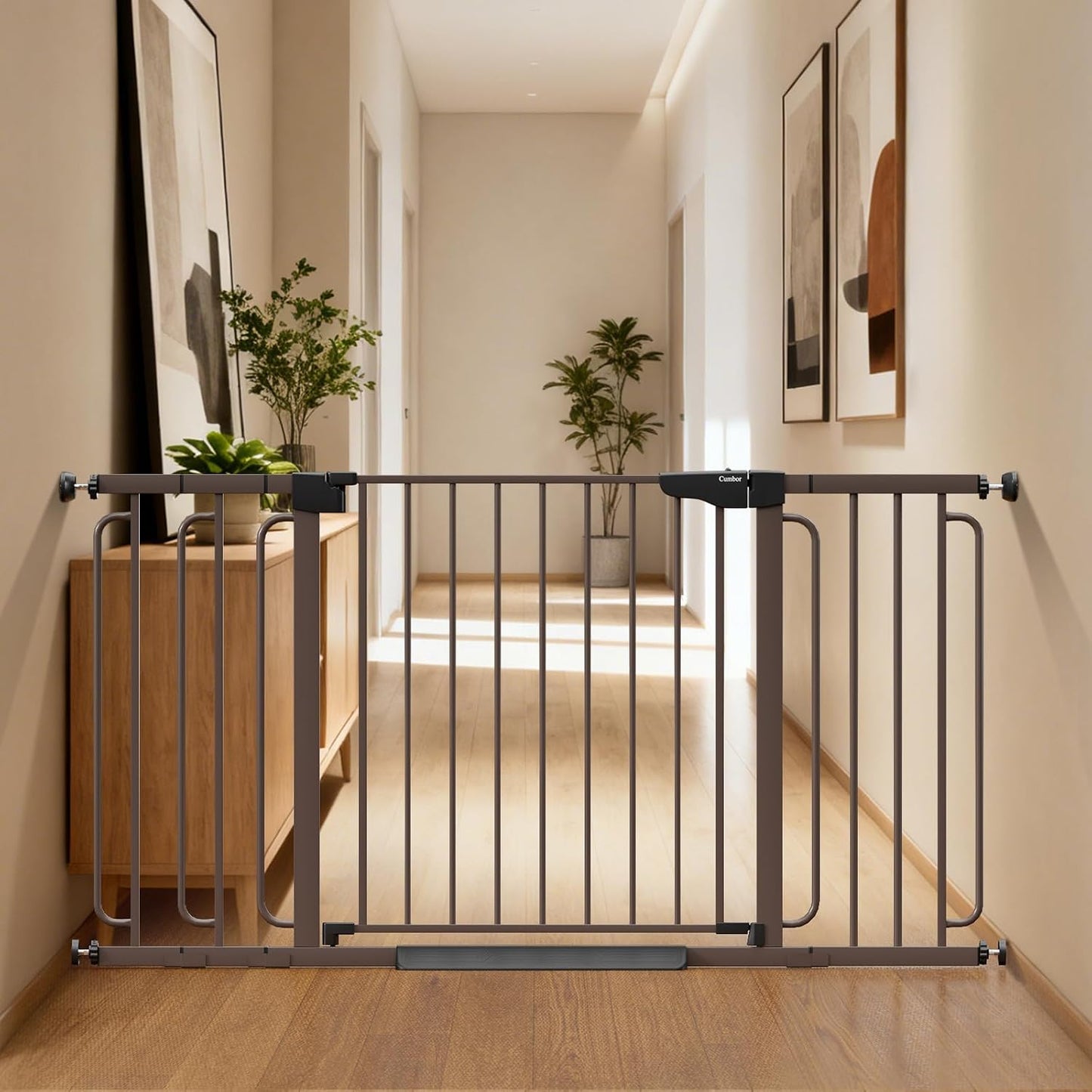 Cumbor 29.7-48" Baby Gate for Stairs, Mom's Choice Awards Winner-Dog Gate for Doorways, Auto Close Safety Pet Gate for Dogs Indoor, Easy Install Pressure Mounted Child Gate with Walk Thru Door, Brown