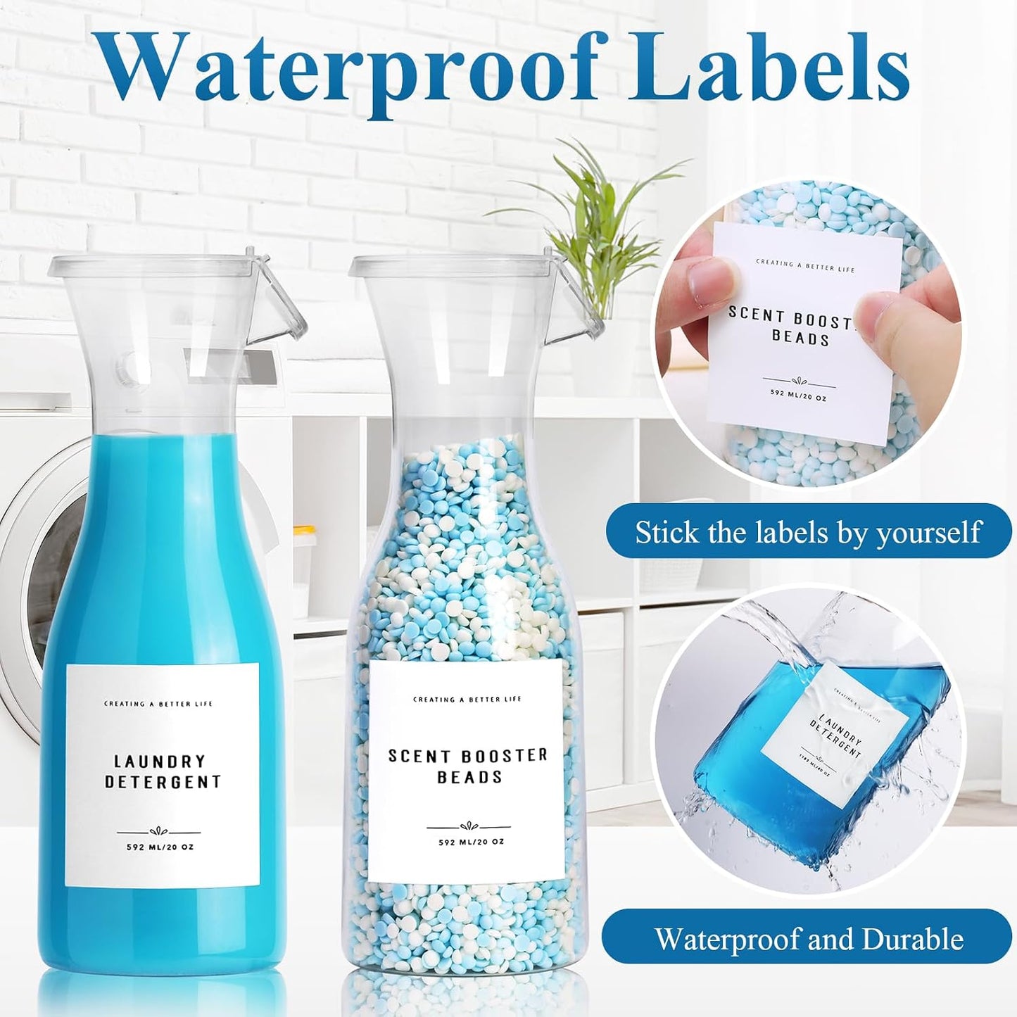 Laundry Detergent Dispenser Bottle 40oz with Waterproof Label for Laundry Detergent Soap Fabric Softener Bleach Scent Booster Beads, Sturdy PET Bottle for Laundry Room Decor 2 Pack White