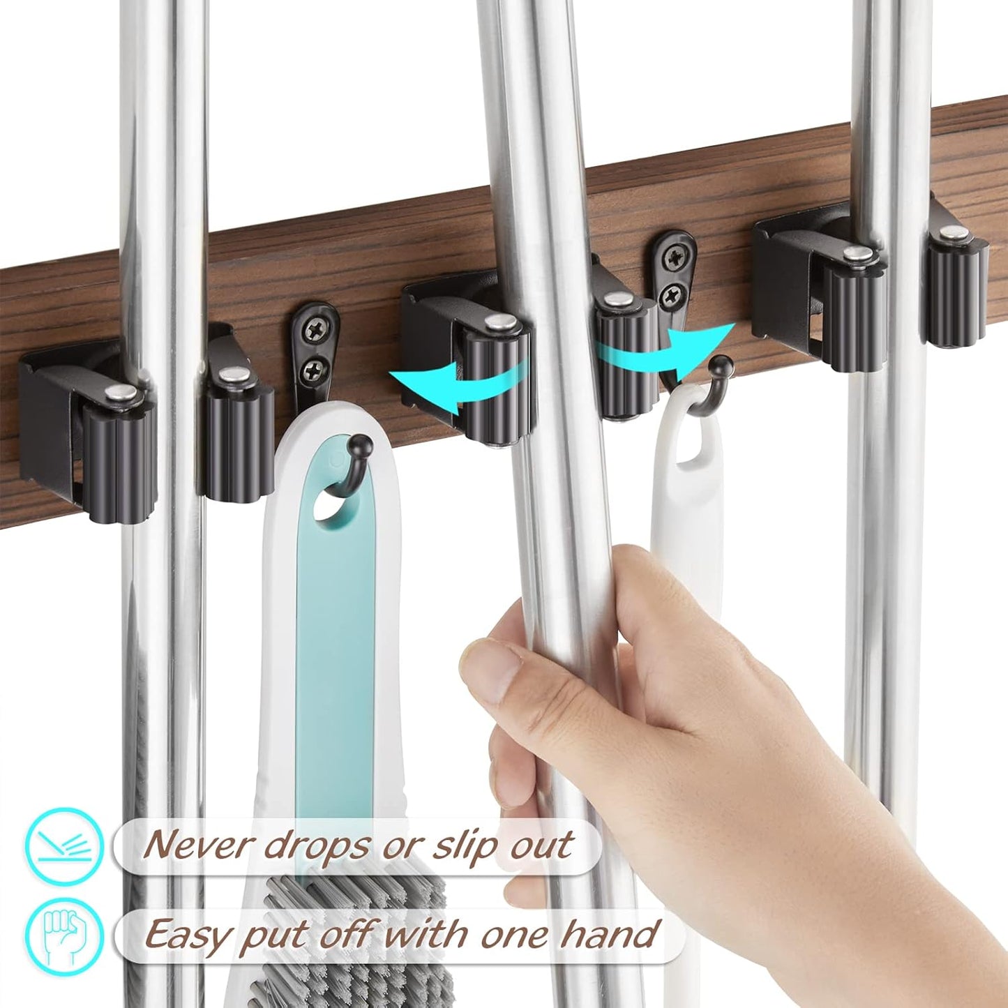 OUTNILI Mop and Broom Holder Wall Mount - Wood Broom Mop Hanger - Wall Mounted Garden Tool Rack Organizer for Closet Garage Laundry Room for Rustic Kitchen Decor With 5 Slots & 4 Hooks