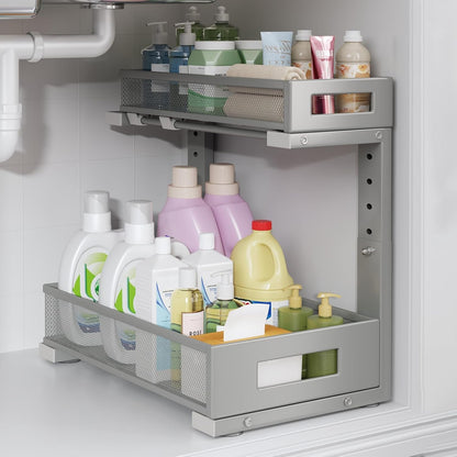 2-Pack Under Sink Storage Organizer, Large 2-Tier Elegant Mesh Pull Out Shelf for Kitchen and Bathroom Cabinet Organization, L-Shaped and Adjustable Height Design,Patent Pending-Black
