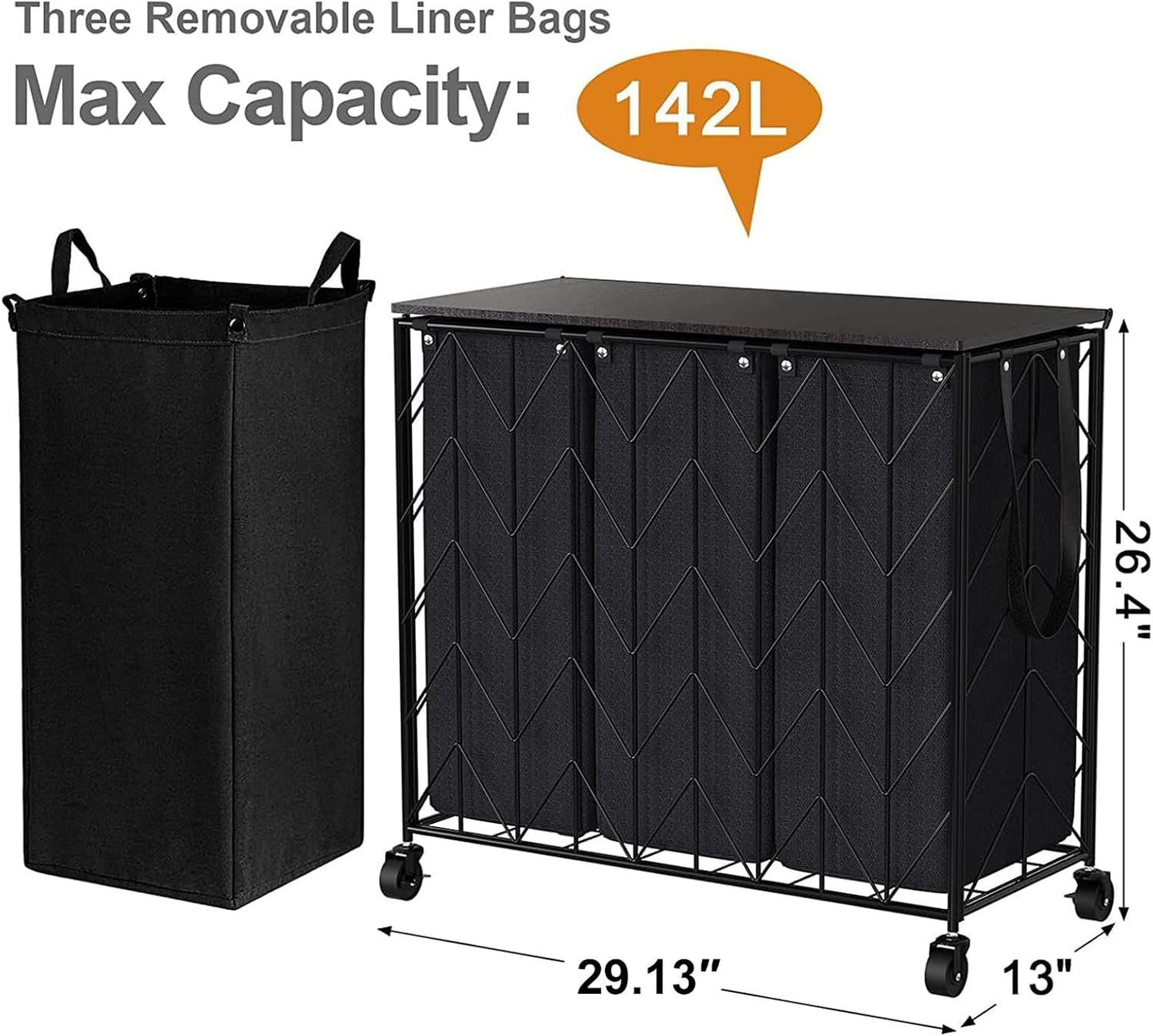 WOWLIVE Laundry Basket with Wheels, 142L Laundry Hamper 3 Section with Lid, Dirty Clothes Hamper with Removable Bags, Large Capacity Iron-Made Laundry Basket Organizer Laundry Sorter for Dorm, White