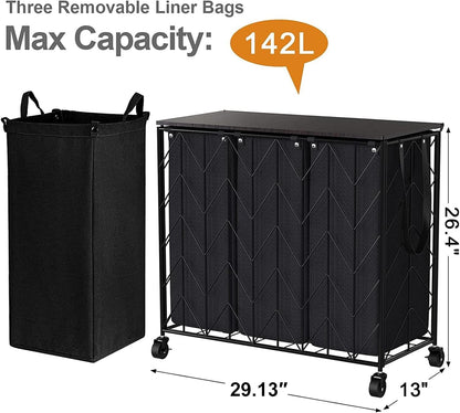 WOWLIVE Laundry Basket with Wheels, 142L Laundry Hamper 3 Section with Lid, Dirty Clothes Hamper with Removable Bags, Large Capacity Iron-Made Laundry Basket Organizer Laundry Sorter for Dorm, White