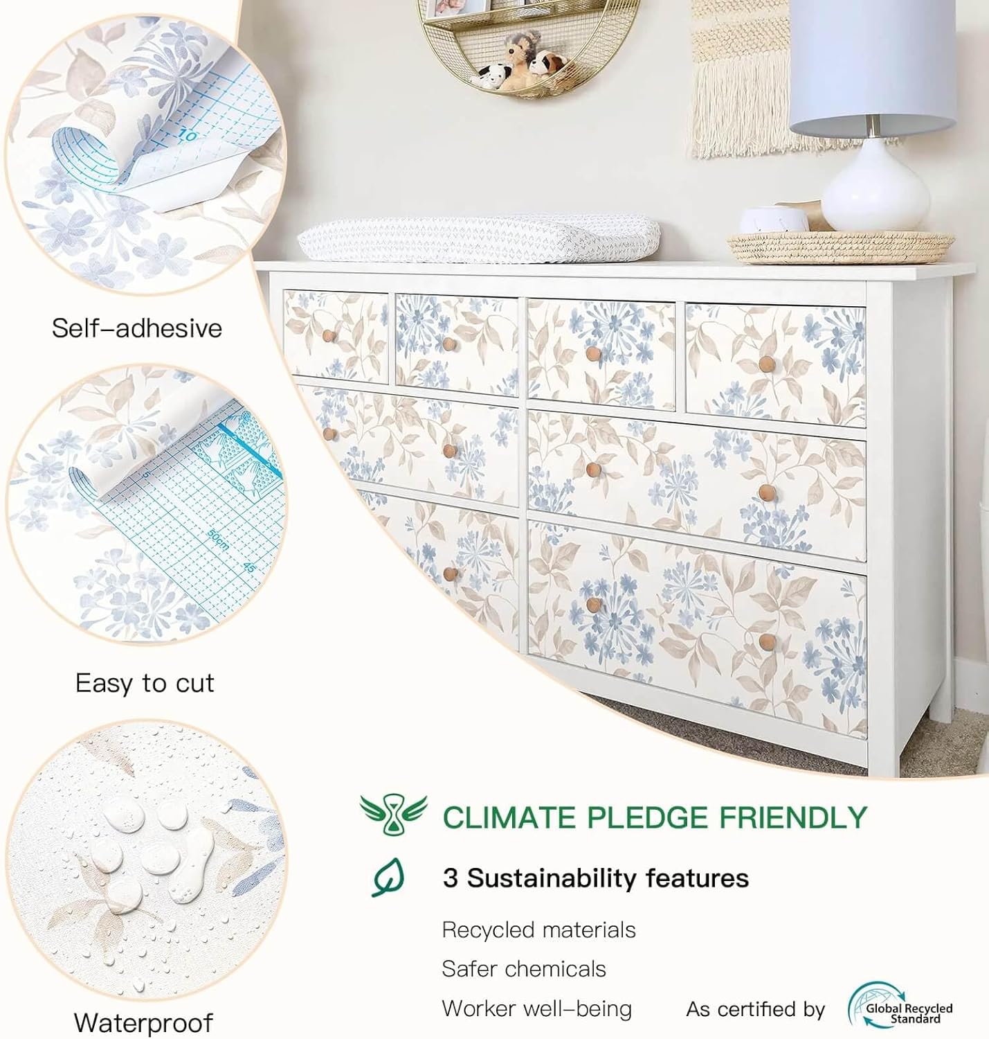 Heroad Peel and Stick Wallpaper Boho Beige Contact Paper Floral Wall Paper Removable Self Adhesive Wallpaper for Cabinet Bedroom Living Room Entryway Walls Bathroom Waterproof Vinyl Roll 17.3''x78.7''