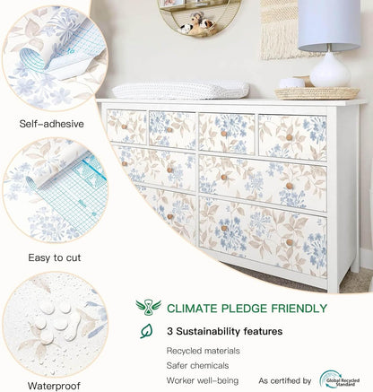 Heroad Peel and Stick Wallpaper Boho Beige Contact Paper Floral Wall Paper Removable Self Adhesive Wallpaper for Cabinet Bedroom Living Room Entryway Walls Bathroom Waterproof Vinyl Roll 17.3''x78.7''