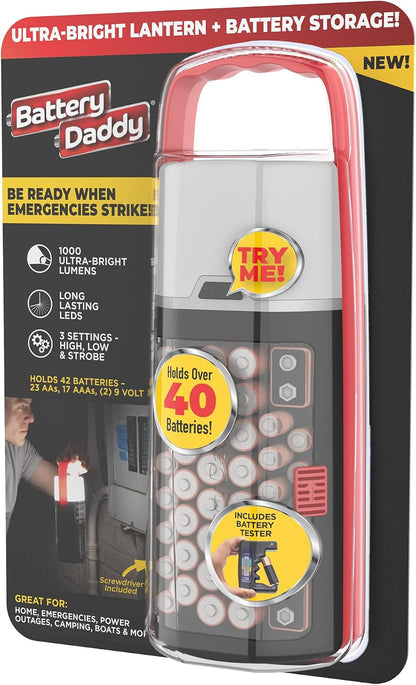 Battery Daddy Storage & Organizer Case w/Light and Tester, Stores & Protects Over 200 Batteries, Double-Sided, Clear Locking Lid, Secure Latches & Portable Handle- Black (Batteries Not Included)