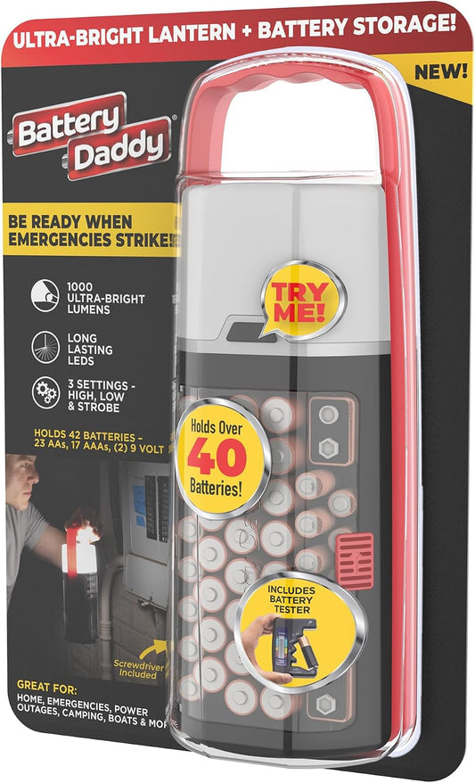 Battery Daddy Storage & Organizer Case w/Light and Tester, Stores & Protects Over 200 Batteries, Double-Sided, Clear Locking Lid, Secure Latches & Portable Handle- Black (Batteries Not Included)