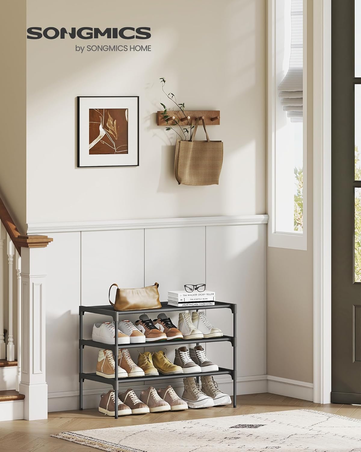 SONGMICS Shoe Rack, 2-Tier Shoe Storage Organizer, Space-Saving, 11.7 x 16.5 x 12.2 Inches, Entryway, Metal Frame, Non-Woven Fabric Shelves, Ink Black ULSH012BH01
