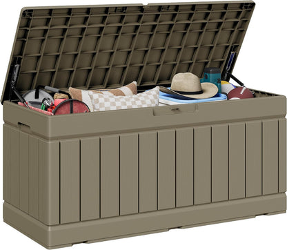 JUMMICO 31 Gallon Resin Deck Box Waterproof Indoor Outdoor Storage Boxes for Patio Furniture Cushions and Garden Tools (Brown)