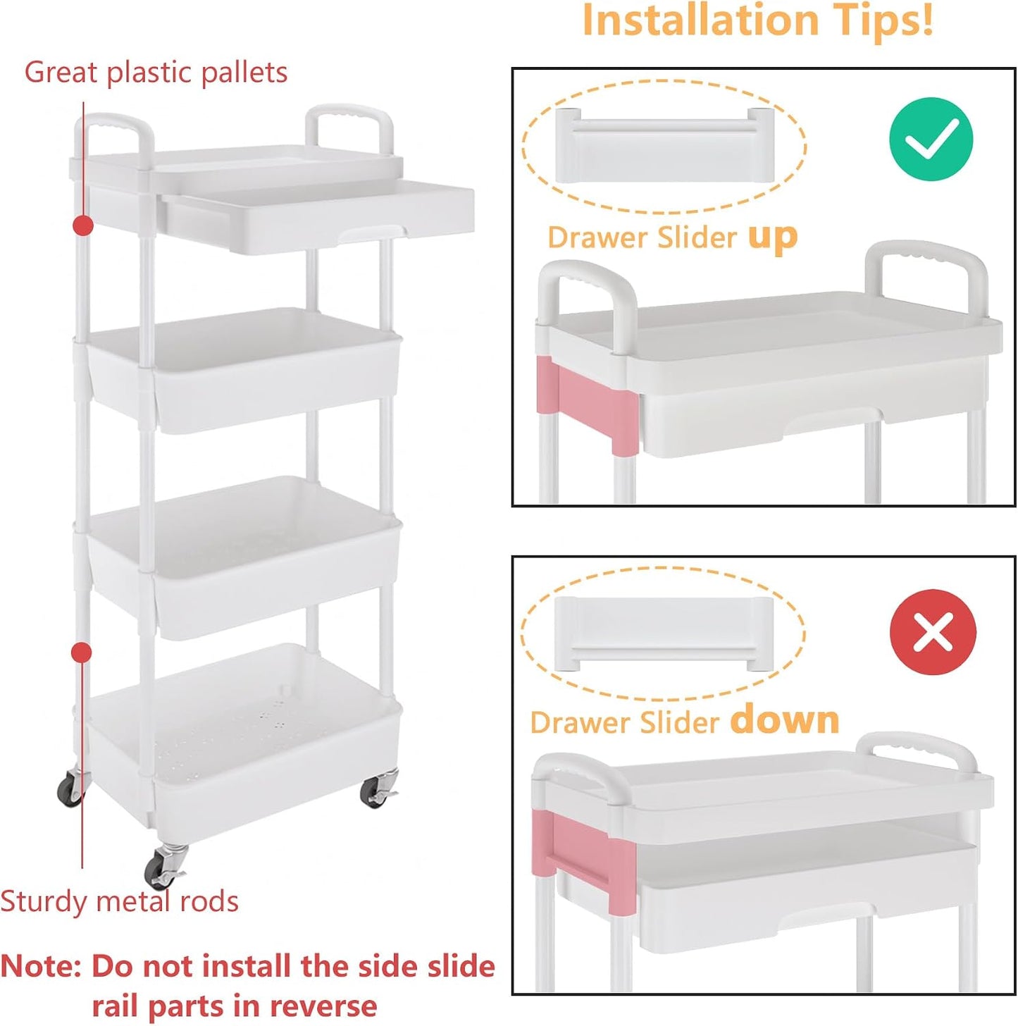 Calmootey 3-Tier Rolling Utility Cart with Drawer,Multifunctional Storage Organizer with Plastic Shelf & Metal Wheels,Storage Cart for Kitchen,Bathroom,Living Room,Office,White