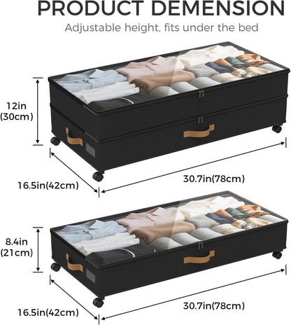 Under Bed Storage with Wheels 2-Pack, 75L XXL Under the Bed Storage Containers Large, 12" Tall Adjustable Storage for Underbed with Lids, Rolling for Shoes, Clothes, Blankets (Grey)