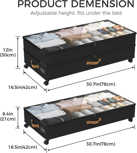 Under Bed Storage with Wheels 2-Pack, 75L XXL Under the Bed Storage Containers Large, 12" Tall Adjustable Storage for Underbed with Lids, Rolling for Shoes, Clothes, Blankets (Grey)