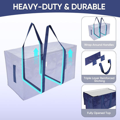 TICONN 4 Pack Extra Large Moving Bags Heavy Duty with Zippers & Carrying Handles, Durable Storage Bags Moving Boxes for Closet Organizers and Storage (4 Pack, Blue)