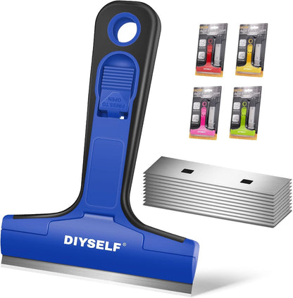 DIYSELF Razor Blade Scraper, 1 Pack Scraper Tool with 10pcs 4-Inch Blades, Razor Scraper for Cleaning Glass, Window, Stove Top, Oven, Kitchen, Cooktop, Shower Door, Sticky Residue, Tile, Wallpaper