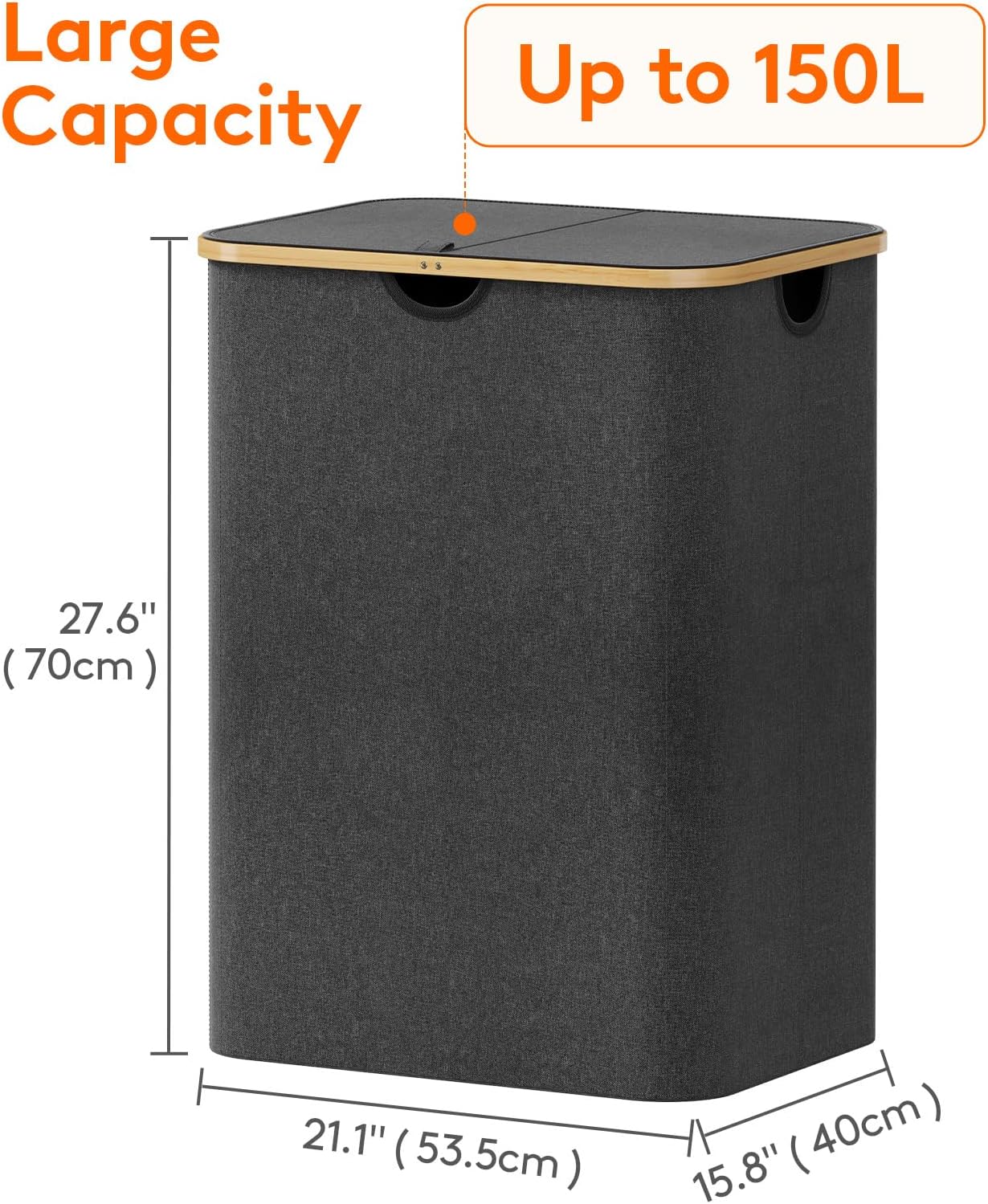 Lifewit 120L Laundry Basket with Lid, Clothes Hampers for Laundry with Bamboo Handles and 2 Removable Bag, Large Foldable Laundry Hamper for Bedroom, Bathroom, Dorm, Laundry Room, Beige