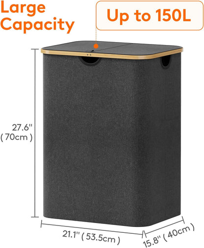 Lifewit 120L Laundry Basket with Lid, Clothes Hampers for Laundry with Bamboo Handles and 2 Removable Bag, Large Foldable Laundry Hamper for Bedroom, Bathroom, Dorm, Laundry Room, Beige