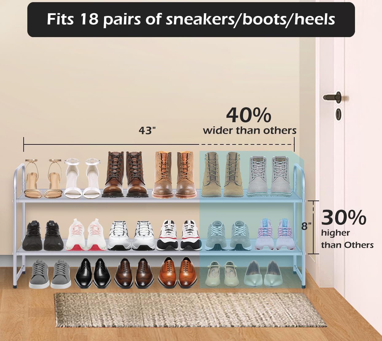 MISSLO 3-Tier Long Shoe Rack for Closet Shoe Organizer for Closet Floor Entryway Storage Stackable Wide Shoe Shelf Stores 24 Pairs of Men Sneakers, Black