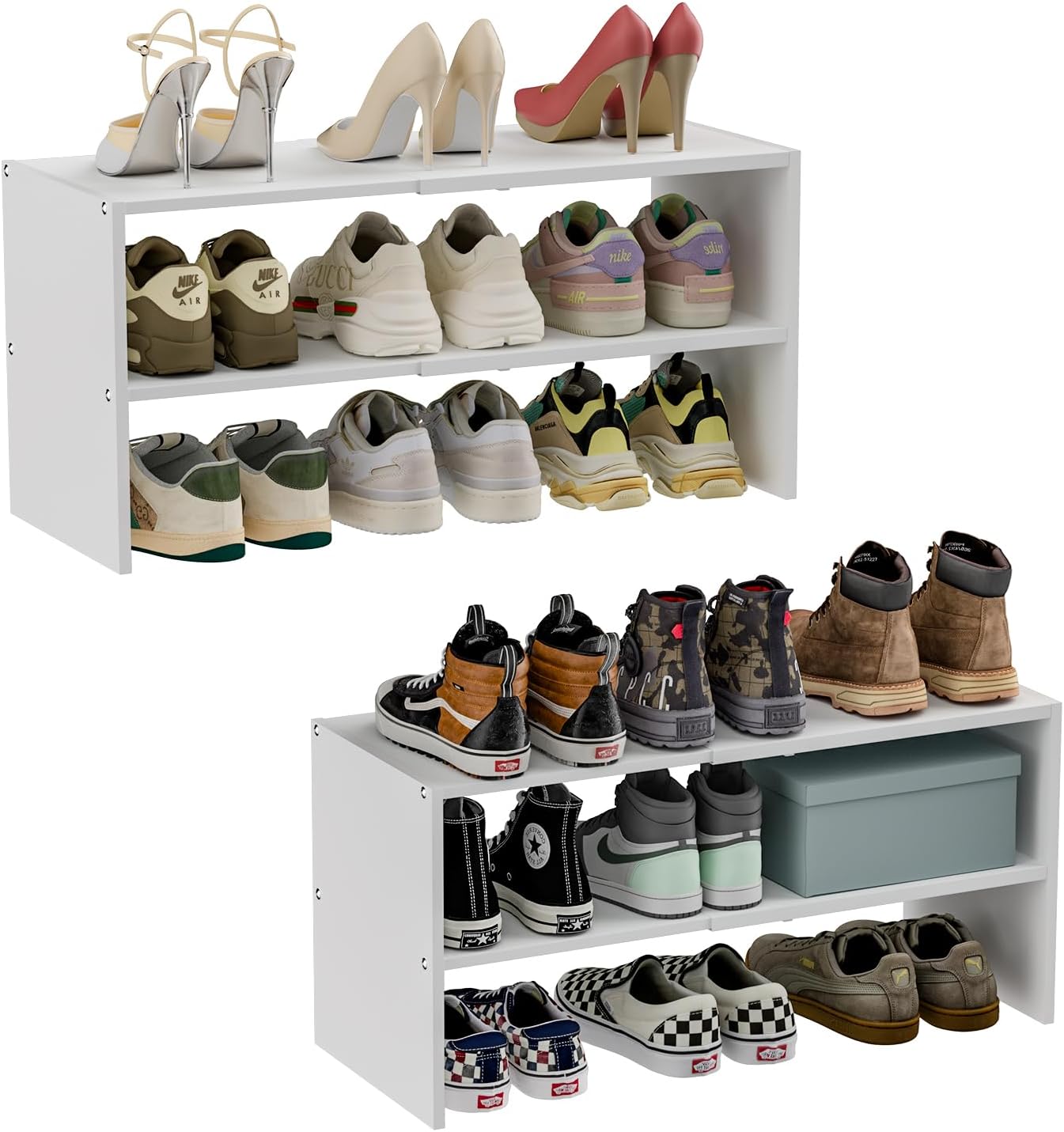 White Shoe Rack Organizer for Closet, 2-Tier Expandable Shoe Shelf, Stackable Iron Wood Combination Small Shoe Racks Shelves for Closets, Entryway,Small Space,Hallway,Bedroom,Bathroom,6-12 Pairs