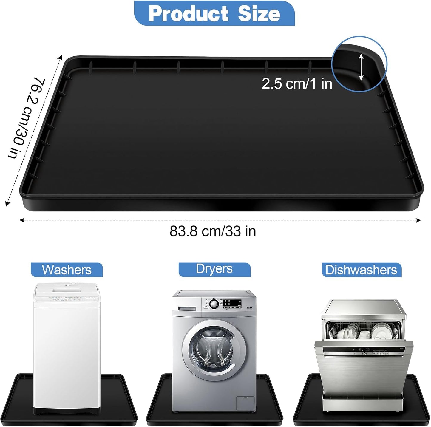 ToLanbbt 27" x 27" Washing Machine Drain Pan Mat, Soft Silicone Washer Drip Tray with 0.78" Raised Edge, Water-Proof Anti-Vibration Leak-Proof Floor Protector for Under Washer, Dryer, Fridge (Gray)
