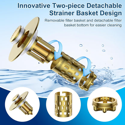 Bathroom Sink Drain Strainer,All Metal Pop-Up Sink Stopper with Removable Stainless Steel Filter Basket, Universal Bathroom Hair Catcher Fit for 1.1-2.36'' Drain (Silver, 2 Pack)