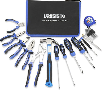 URASISTO 24-Piece Household Tool Kit for Men Repair Hand Tool Set Bag with Hammer, Screwdriver,Pliers, Wrench set with Storage Bag
