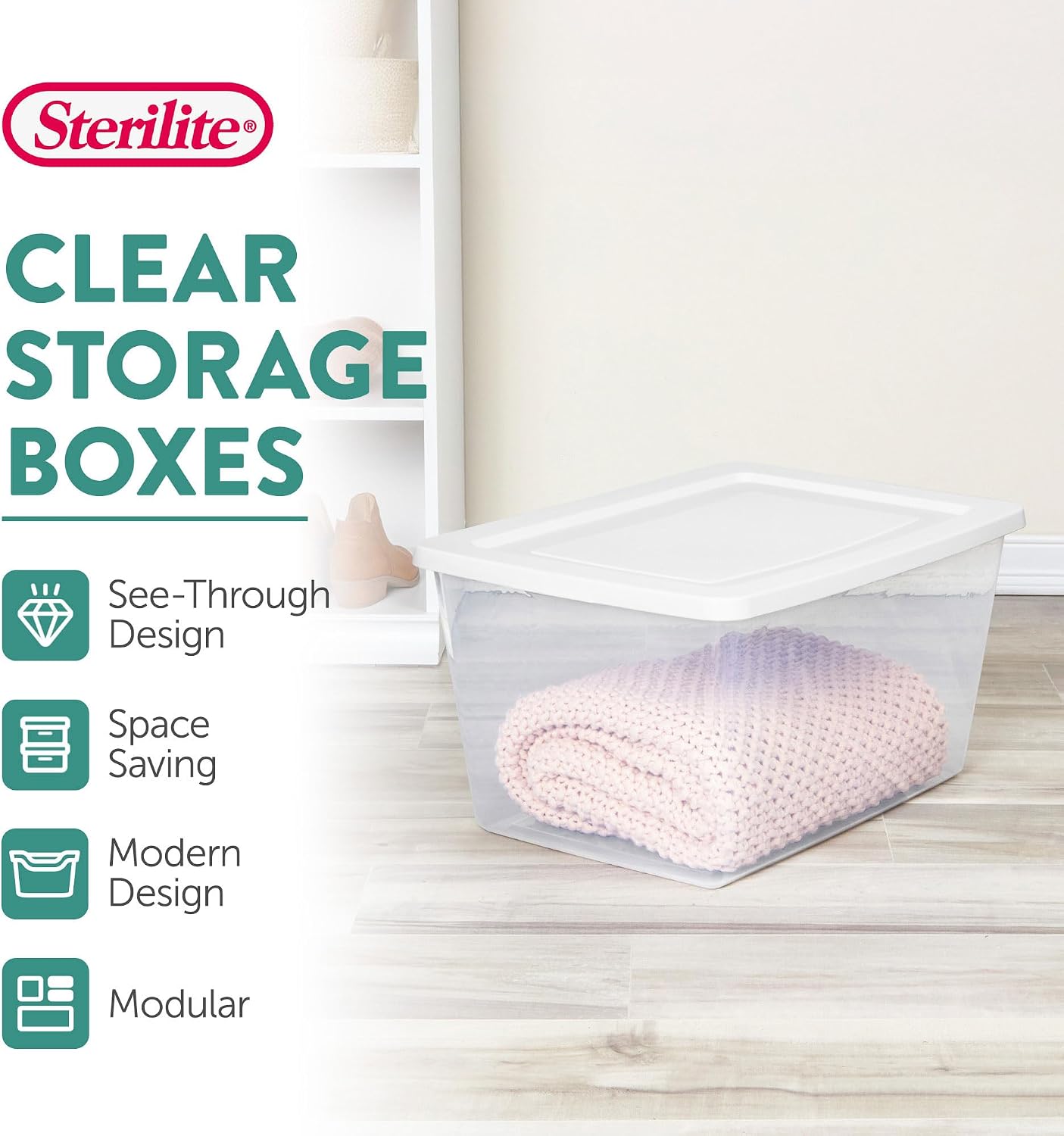 Sterilite 6 Pack Storage Box, 41 Quart Stackable Tote, Clear Plastic Container with Secure Snapping White Lids for Home and Office Organization