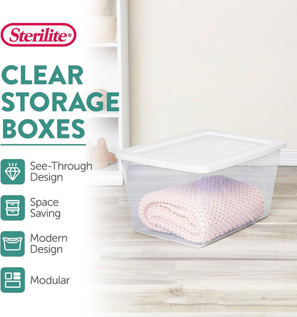 Sterilite 6 Pack Storage Box, 41 Quart Stackable Tote, Clear Plastic Container with Secure Snapping White Lids for Home and Office Organization