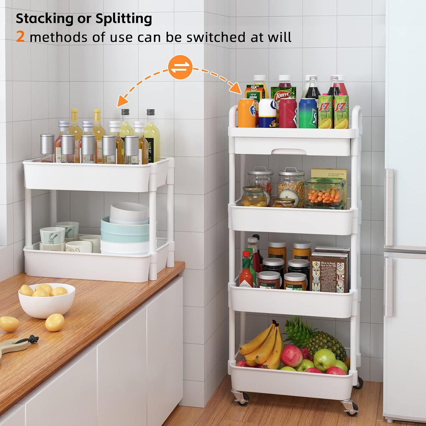 Calmootey 3-Tier Rolling Utility Cart with Drawer,Multifunctional Storage Organizer with Plastic Shelf & Metal Wheels,Storage Cart for Kitchen,Bathroom,Living Room,Office,White