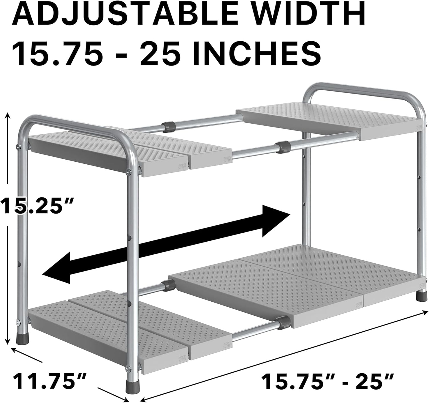 Simple Houseware Under Sink 2-Tier Heavy Duty Expandable Rack Organizer, Adjustable Width 15.75–25 Inches with 4 Shelf Height Levels, Silver