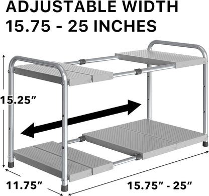 Simple Houseware Under Sink 2-Tier Heavy Duty Expandable Rack Organizer, Adjustable Width 15.75–25 Inches with 4 Shelf Height Levels, Silver