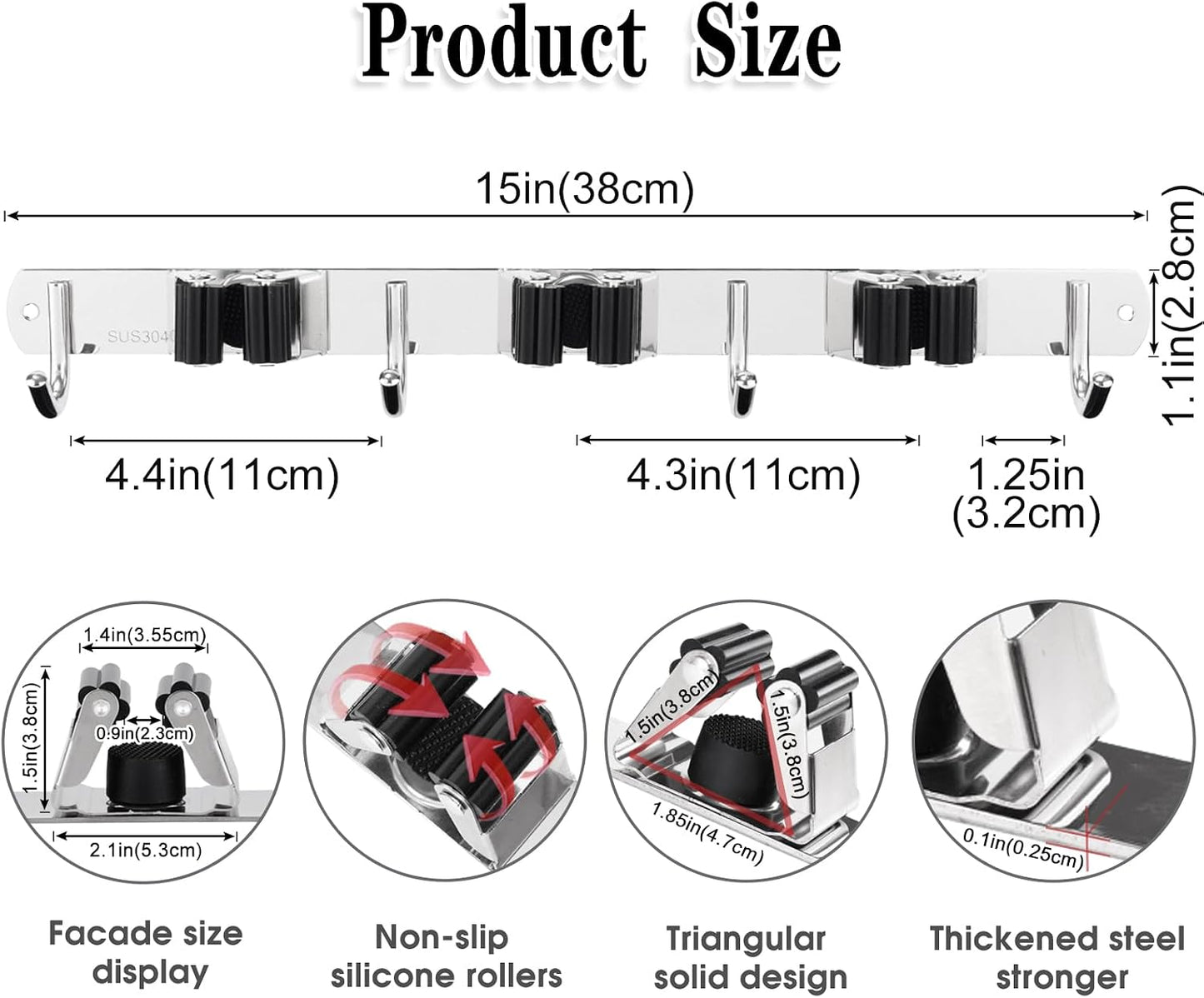 AceMining Broom Holder Wall Mount, 3 Racks 4 Hooks Heavy Duty Mop Organizer | Mop Holder Wall Mount and Broom Hanger for Garage, Laundry Room, Kitchen and Utility Storage