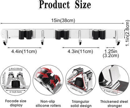 AceMining Broom Holder Wall Mount, 3 Racks 4 Hooks Heavy Duty Mop Organizer | Mop Holder Wall Mount and Broom Hanger for Garage, Laundry Room, Kitchen and Utility Storage