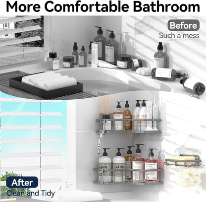 YASONIC Corner Shower Caddy, 5-Pack Adhesive Rustproof Stainless Steel Shower Organizer with Soap Holder, No Drilling Shower Shelf for Inside Shower, Dorm, Renters, Black