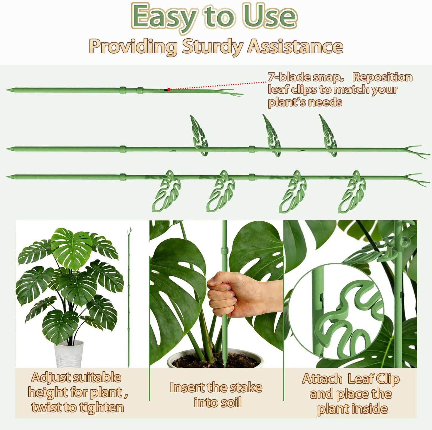 Telescoping Monstera Plant Support Stakes, Adjustable Climbing Plant Stakes | 21 - 43.3in Stakes with Detachable Monstera Leaf Clips; Supports Pothos, Tomatoes, Indoor & Garden Plants