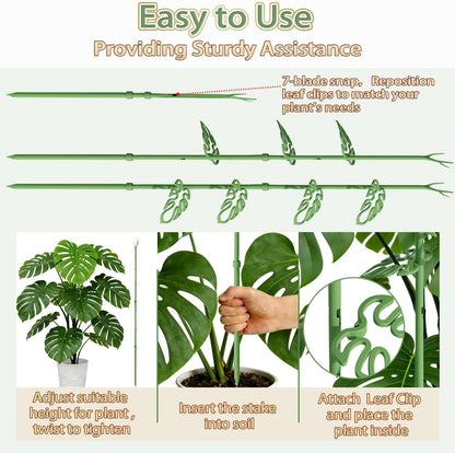 Telescoping Monstera Plant Support Stakes, Adjustable Climbing Plant Stakes | 21 - 43.3in Stakes with Detachable Monstera Leaf Clips; Supports Pothos, Tomatoes, Indoor & Garden Plants