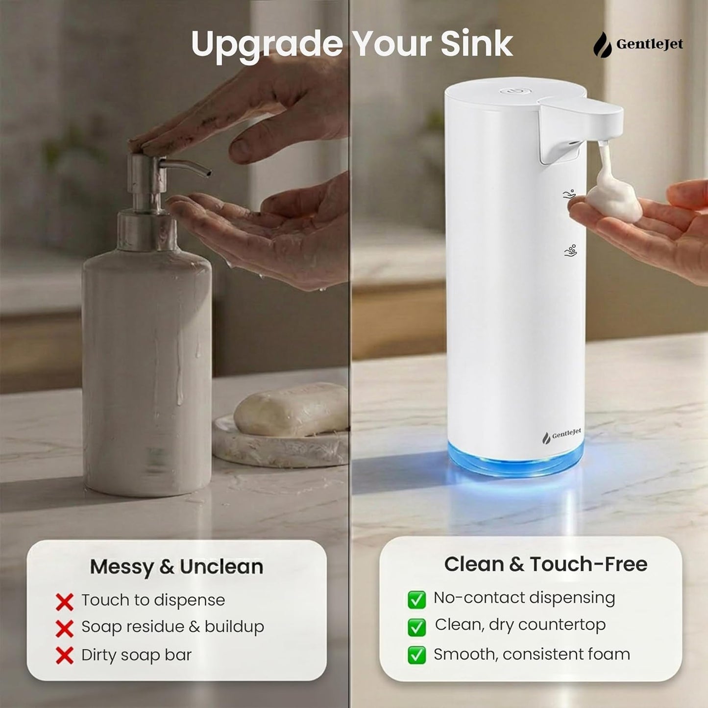 GentleJet EasyFoam Automatic Foaming Soap Dispenser Touchless Sensor, USB-C Rechargeable, 304 Stainless Steel, IPX5 Waterproof for Bathroom Kitchen Sink, 280 ml