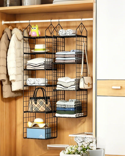 2 Pack Hanging Closet Organizer and Storage, 5 Tier & 3 Tier Metal Wire Closet Shelves with 8 S Hooks, Hanging Storage Shelf for Clothes Shoes Sweaters Handbags Laundry