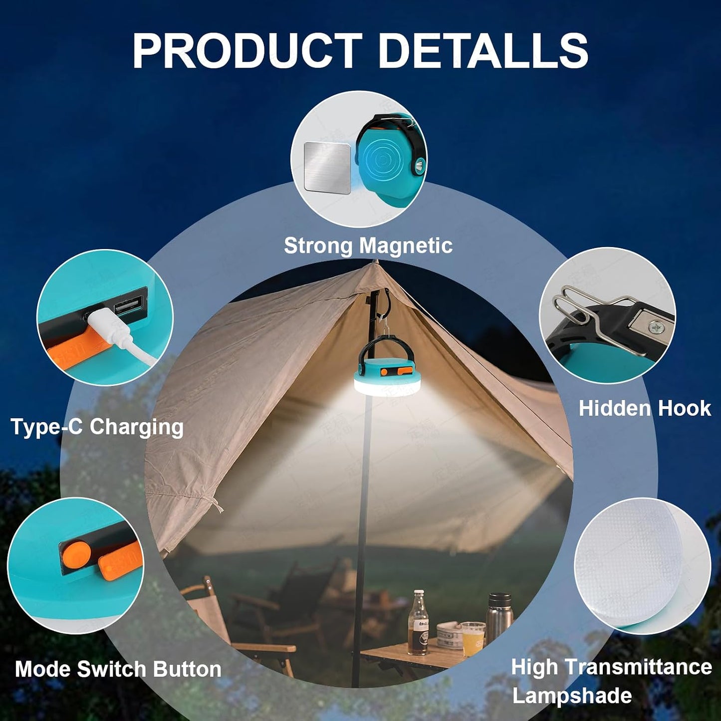 Camping Light Rechargeable, LED Camping Lantern for Power Outages, Waterproof Emergency Tent Light for Camping with Magnet Hook, Power Bank & Flashlight, 100W 6000mAh, Army Green