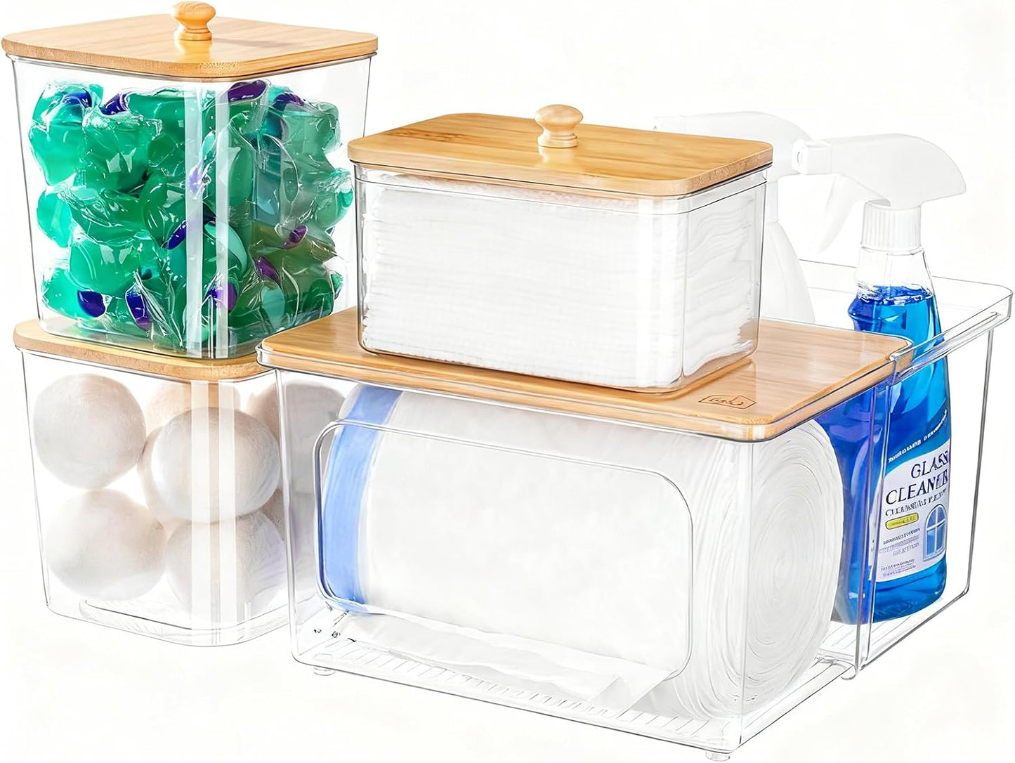 iCASA Trash Bag and Dishwasher Pod Dispenser - 3 in 1 Clear Storage Bins Holder for 13/30/33 Gallon Garbage Bags, Laundry Detergent Pods & Tabs, Under Sink Organizer for Kitchen and Laundry Room