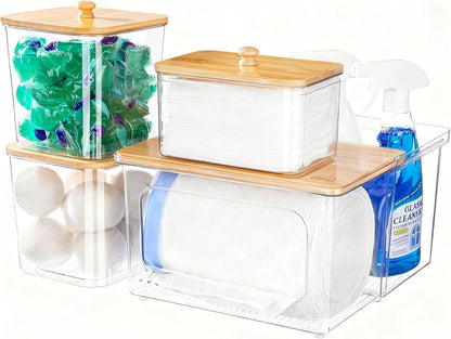 iCASA Trash Bag and Dishwasher Pod Dispenser - 3 in 1 Clear Storage Bins Holder for 13/30/33 Gallon Garbage Bags, Laundry Detergent Pods & Tabs, Under Sink Organizer for Kitchen and Laundry Room