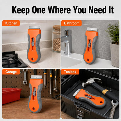 Razor Blade Scraper Set, 2 Safety-Lock Handles + 20 Steel Blades | Steel Blades Retract into Plastic Handles, Removes Stickers, Labels, Paint, Caulk and Residue From Windows, Cooktops and Tile