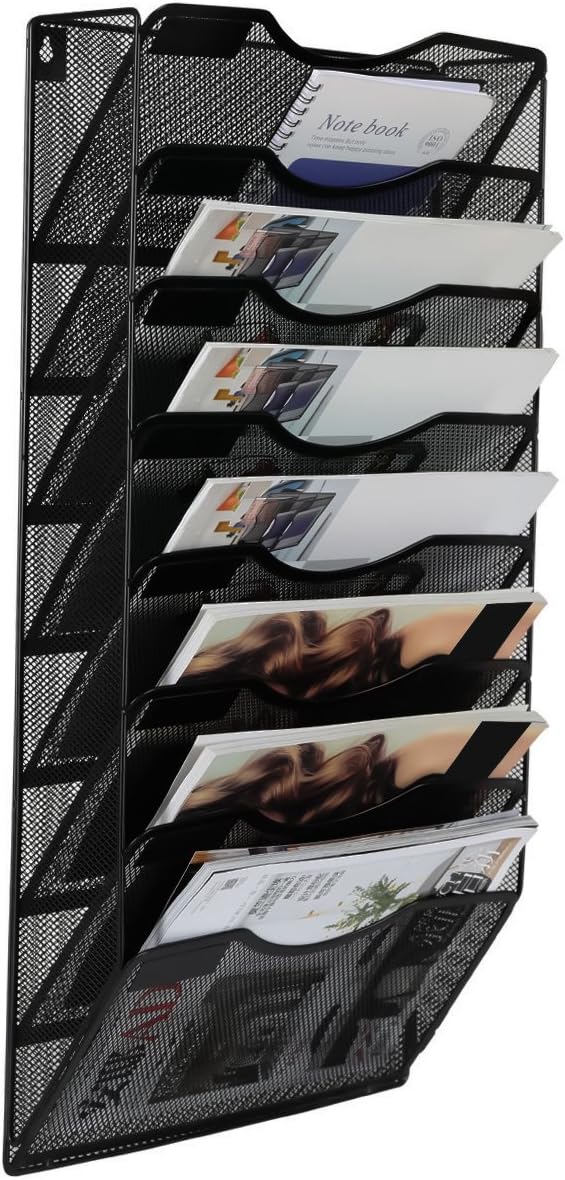 EasyPAG 5 Pocket Mesh Wall File Organizer with Key Hooks, Hanging Paper Folder Holder with Classify Label, Vertical Wall Mount Mail Organizer for Office Home Classroom, Black