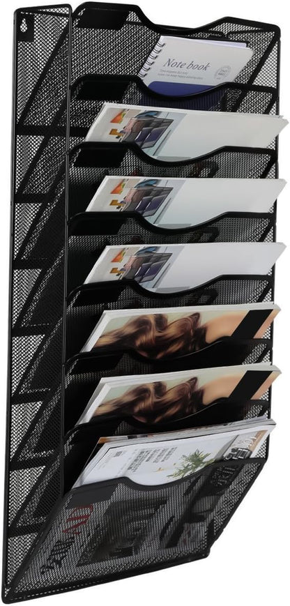 EasyPAG 5 Pocket Mesh Wall File Organizer with Key Hooks, Hanging Paper Folder Holder with Classify Label, Vertical Wall Mount Mail Organizer for Office Home Classroom, Black