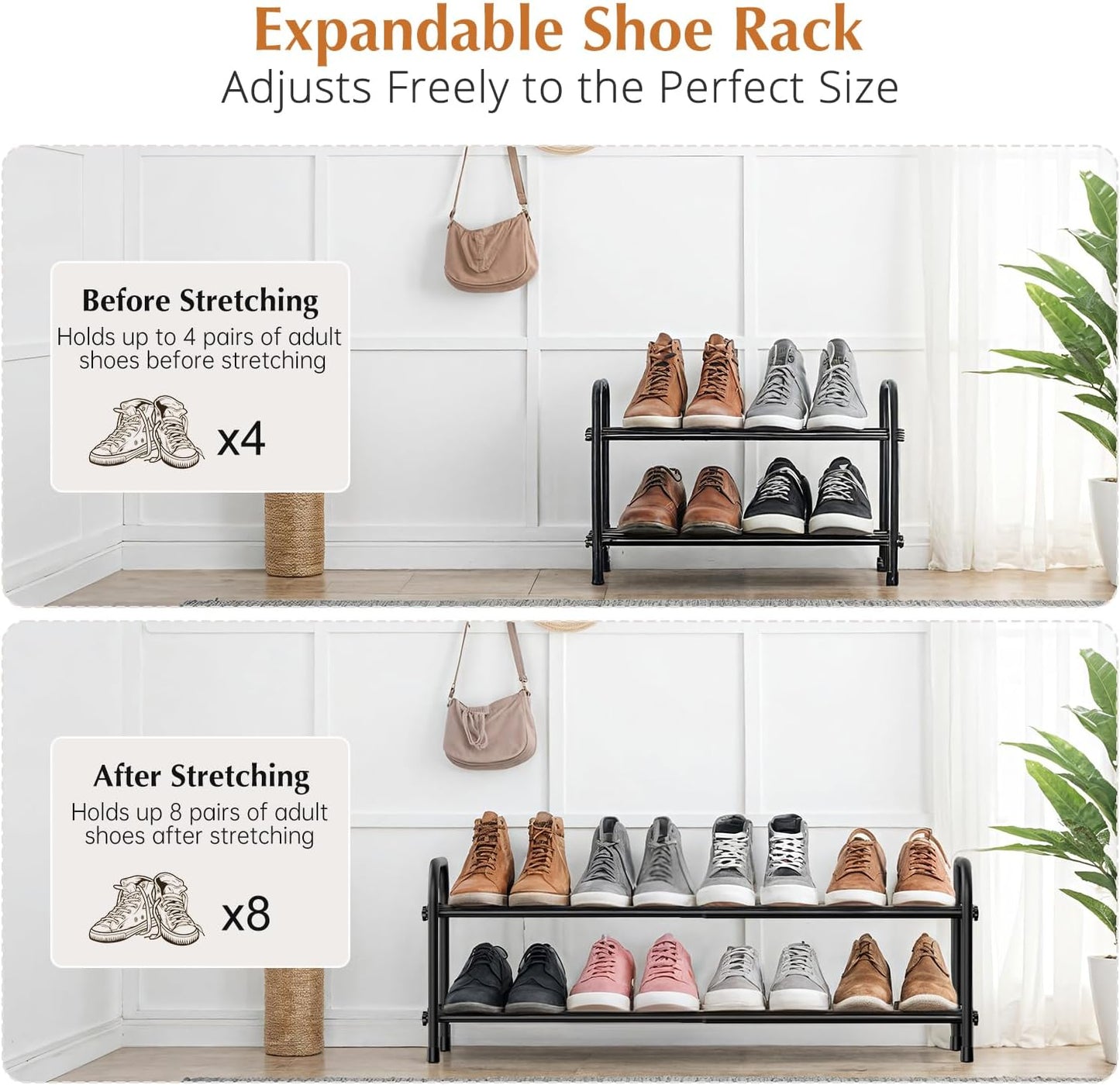 INSMART 3-Tier Expandable Shoe Rack, Stackable and Adjustable Shoes Organizer Storage Shelf, Sturdy and Durable Metal Structure Free Standing Shoe Rack for Closet Entryway Doorway
