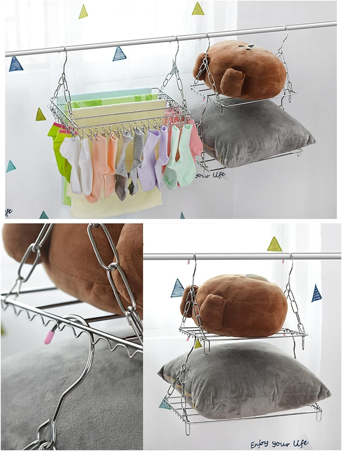 Stainless Steel Sock Drying Rack,Multifunctional Laundry Drying Rack Hanging Drying Rack Swivel Hook Wind Proof Clothes Hanger Rack with Clips for Hanging Clothes Towels Socks (Without Clip 40cm)